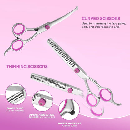Dog Grooming Scissors with Safety Round Tips, Heavy Duty Titanium Pet Grooming Trimmer Kit, Professional Thinning Shears, Curved Scissors with Comb for Dogs and Cats (Pink Set of 3)