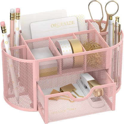 Mesh Desk Organizer with Drawer, 9-Compartment Pen Holder for Desk, Pink