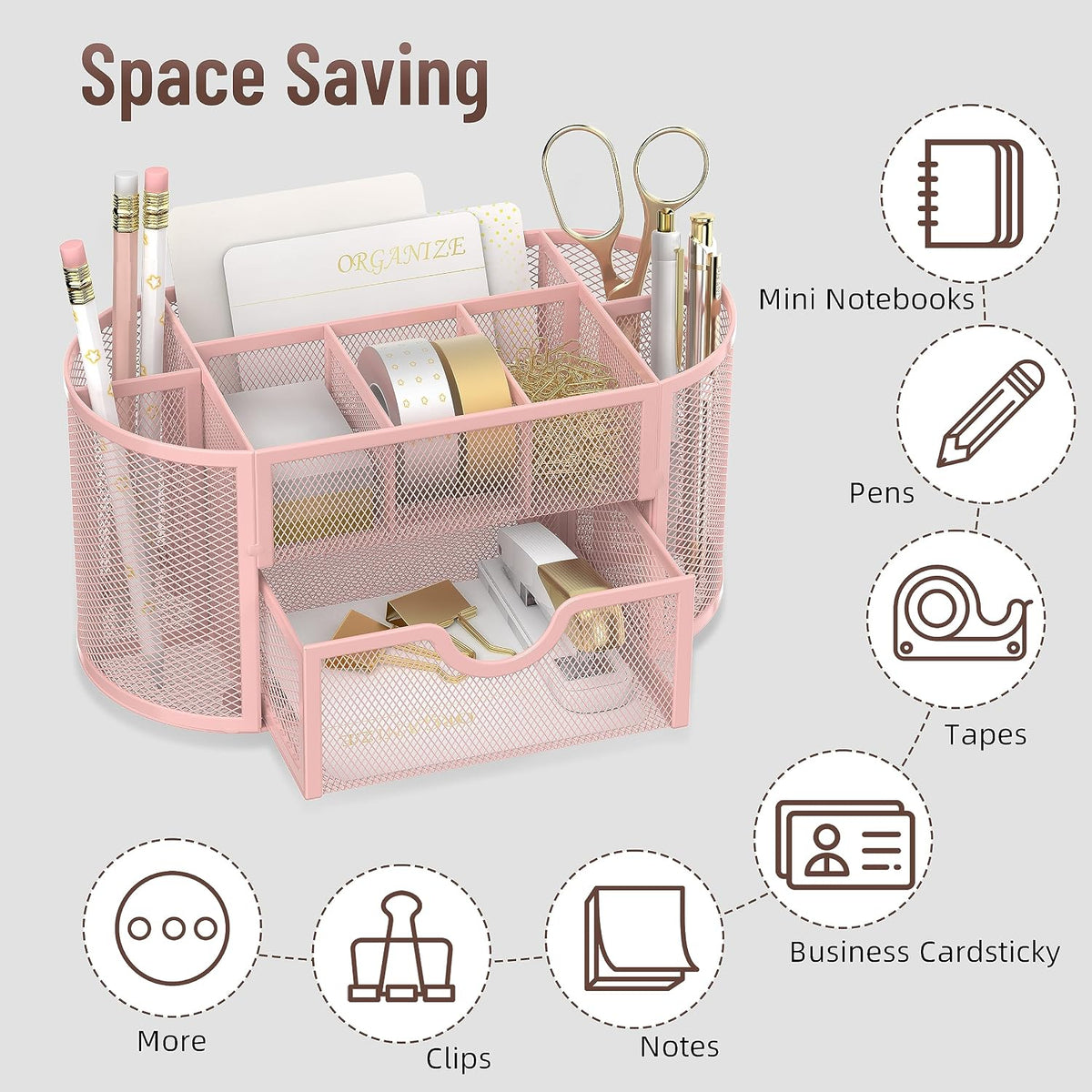 Mesh Desk Organizer with Drawer, 9-Compartment Pen Holder for Desk, Pink