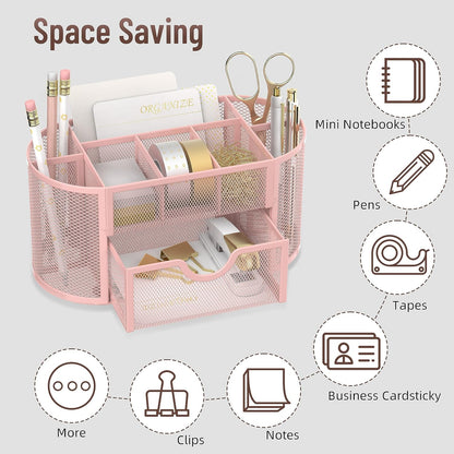 Mesh Desk Organizer with Drawer, 9-Compartment Pen Holder for Desk, Pink