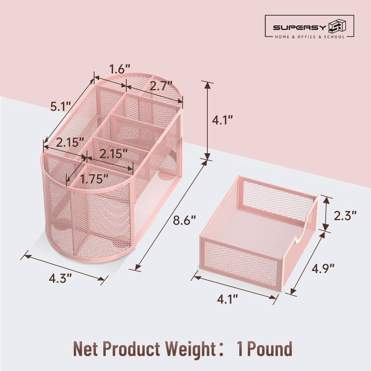 Mesh Desk Organizer with Drawer, 9-Compartment Pen Holder for Desk, Pink