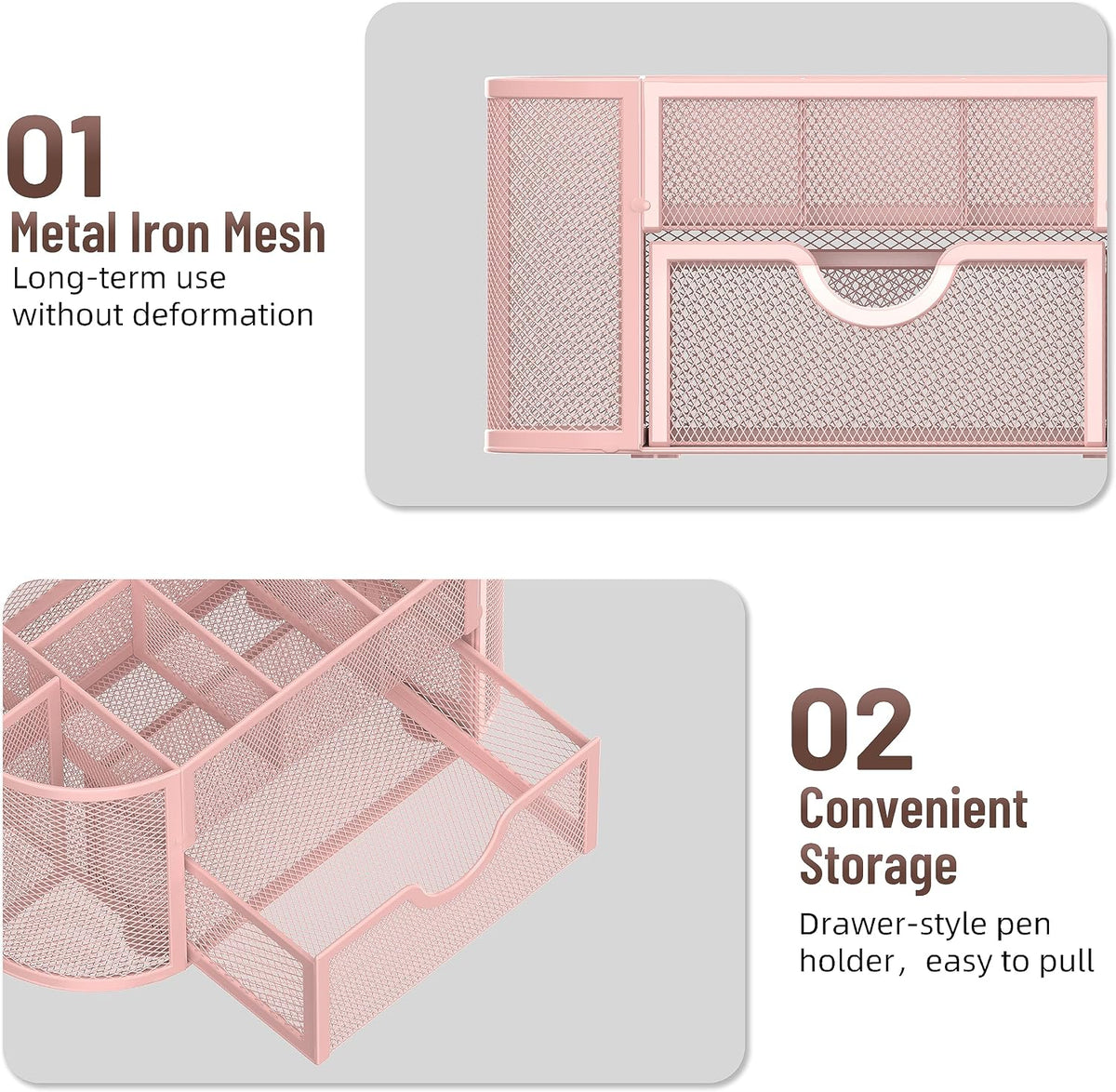 Mesh Desk Organizer with Drawer, 9-Compartment Pen Holder for Desk, Pink
