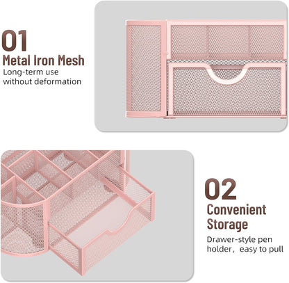 Mesh Desk Organizer with Drawer, 9-Compartment Pen Holder for Desk, Pink