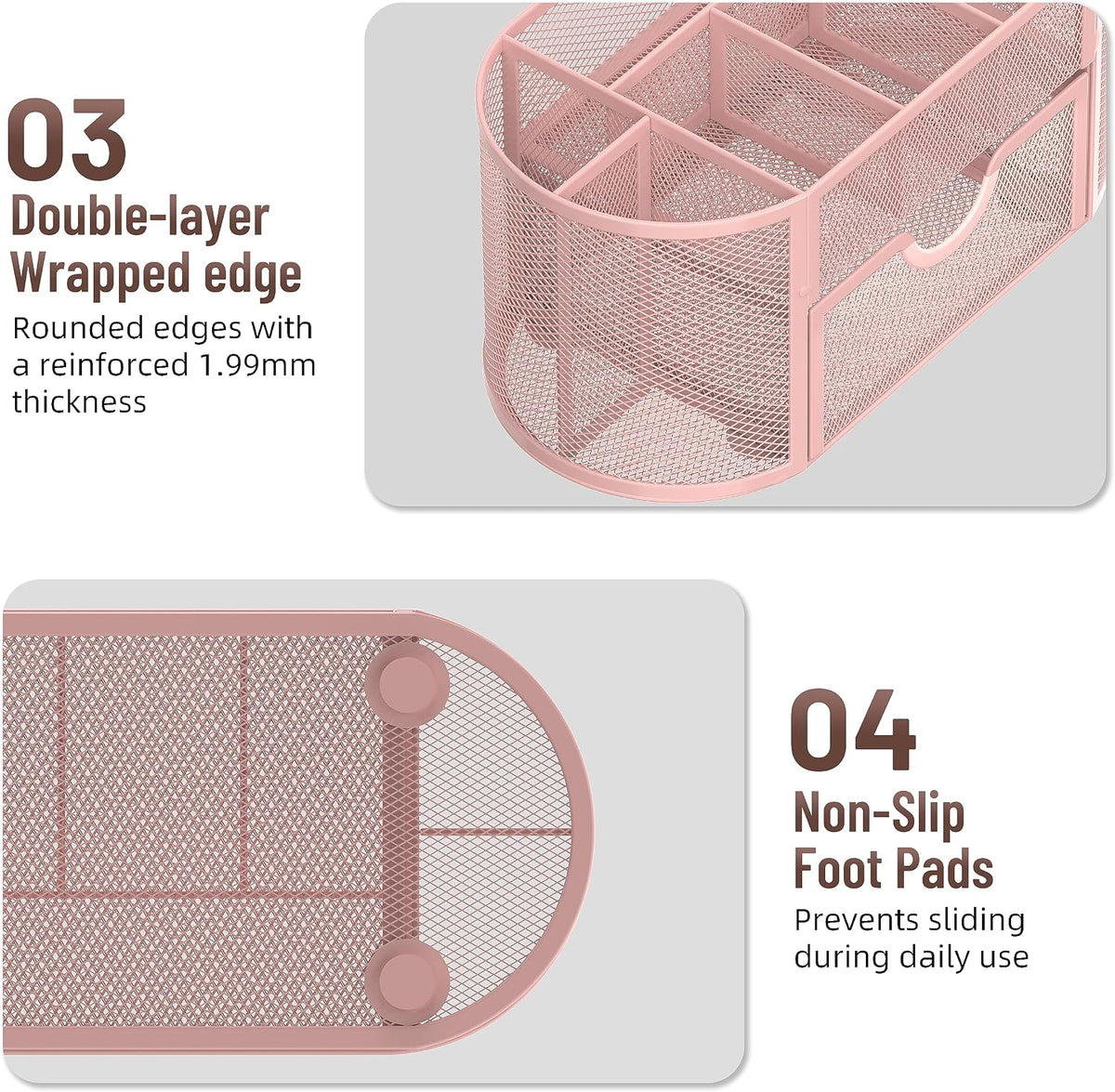 Mesh Desk Organizer with Drawer, 9-Compartment Pen Holder for Desk, Pink