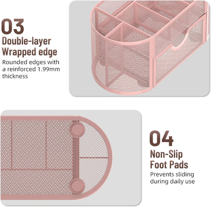 Mesh Desk Organizer with Drawer, 9-Compartment Pen Holder for Desk, Pink
