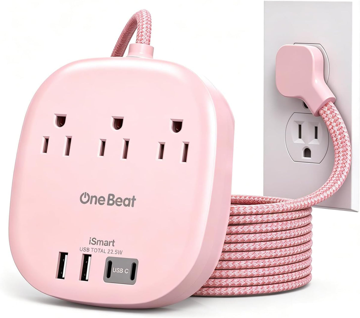 Cruise Ship Travel Essentials, 22.5W/4.5A Flat Plug Power Strip, Pink