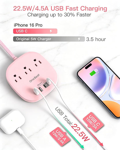 Cruise Ship Travel Essentials, 22.5W/4.5A Flat Plug Power Strip, Pink