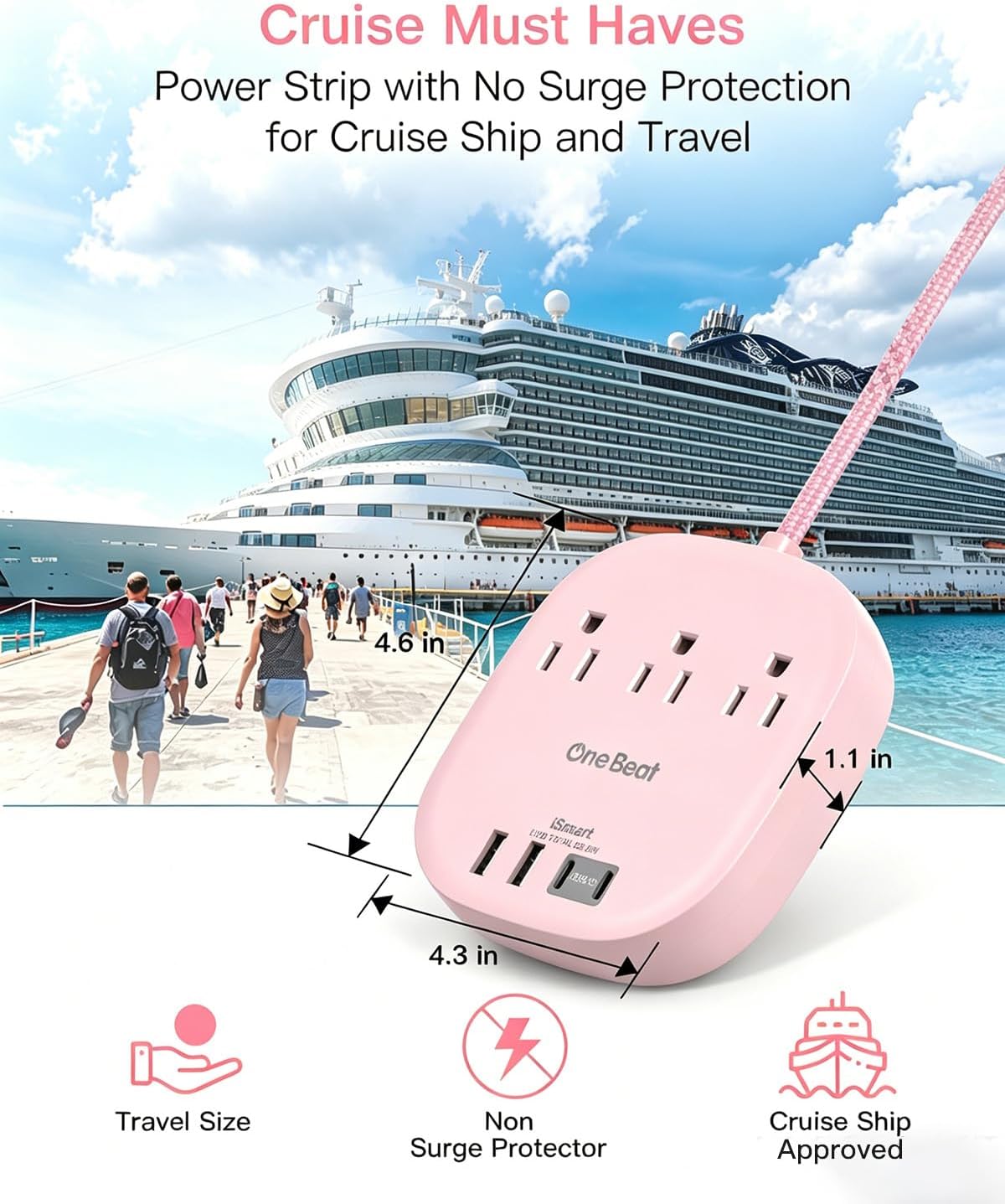 Cruise Ship Travel Essentials, 22.5W/4.5A Flat Plug Power Strip, Pink