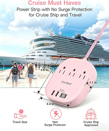 Cruise Ship Travel Essentials, 22.5W/4.5A Flat Plug Power Strip, Pink