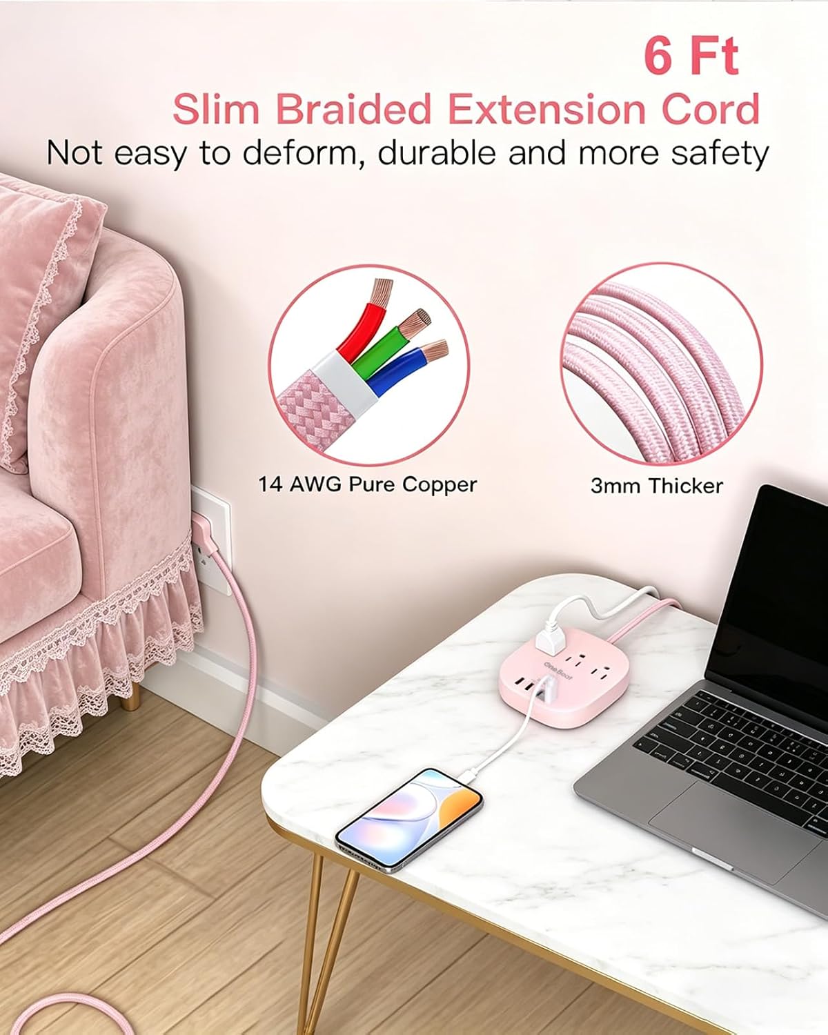 Cruise Ship Travel Essentials, 22.5W/4.5A Flat Plug Power Strip, Pink