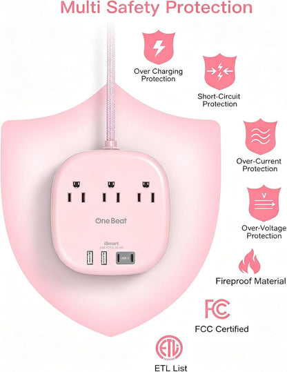 Cruise Ship Travel Essentials, 22.5W/4.5A Flat Plug Power Strip, Pink