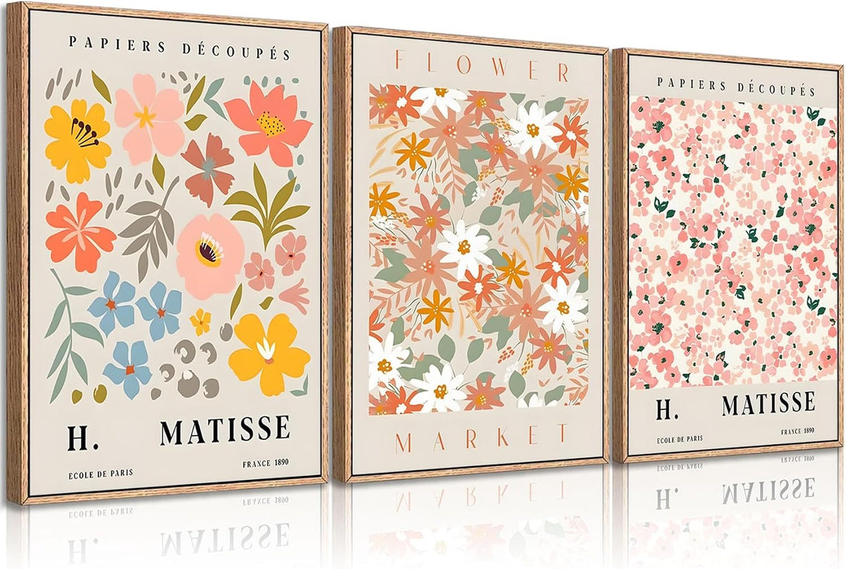 FTQYQLD 3Pcs Flower Market Canvas Wall Art Pink Aesthetic Posters Prints