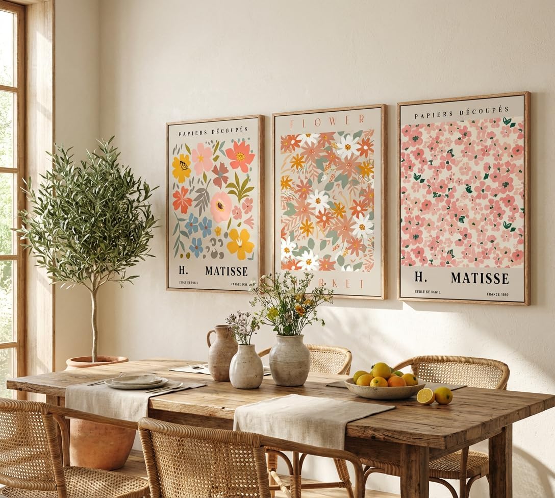 FTQYQLD 3Pcs Flower Market Canvas Wall Art Pink Aesthetic Posters Prints