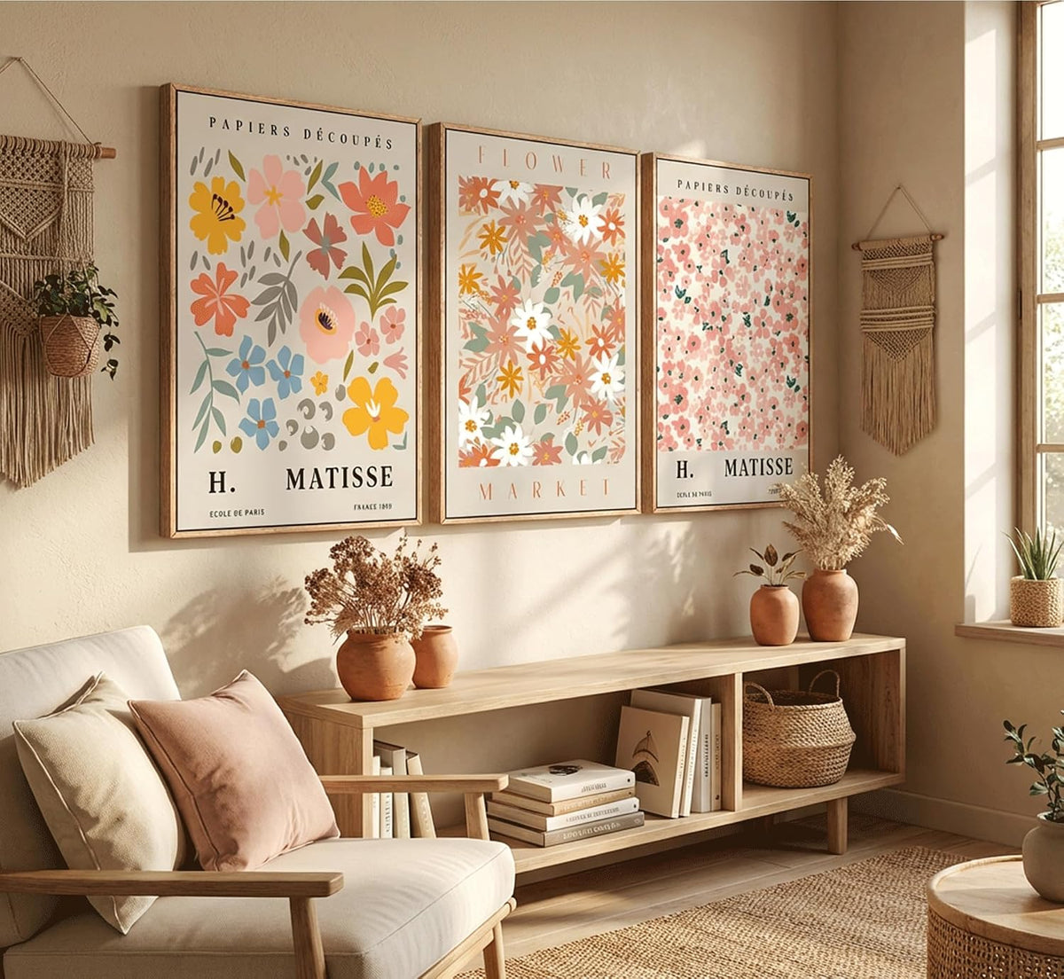 FTQYQLD 3Pcs Flower Market Canvas Wall Art Pink Aesthetic Posters Prints