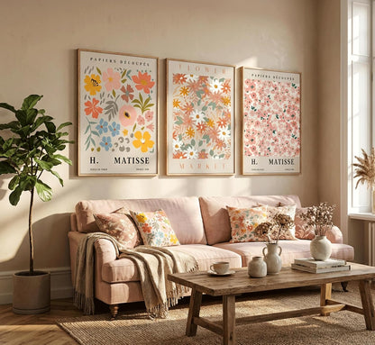FTQYQLD 3Pcs Flower Market Canvas Wall Art Pink Aesthetic Posters Prints