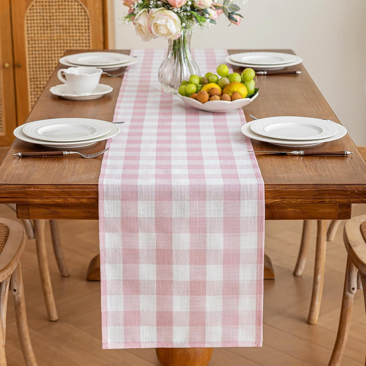 Spring Pink Gingham Table Runner 13 x 72 inches Long, Cotton Linen Farmhouse Checkered Kitchen Dining Table Decor for Home Party, Wrinkle Free