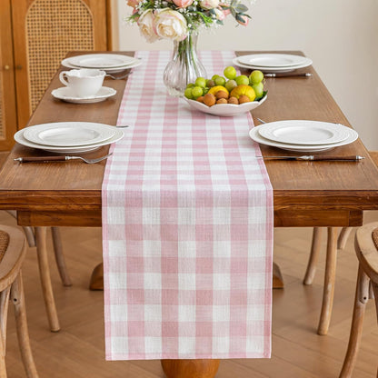 Spring Pink Gingham Table Runner 13 x 72 inches Long, Cotton Linen Farmhouse Checkered Kitchen Dining Table Decor for Home Party, Wrinkle Free