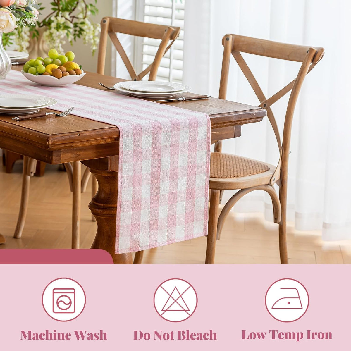 Spring Pink Gingham Table Runner 13 x 72 inches Long, Cotton Linen Farmhouse Checkered Kitchen Dining Table Decor for Home Party, Wrinkle Free