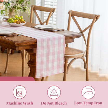 Spring Pink Gingham Table Runner 13 x 72 inches Long, Cotton Linen Farmhouse Checkered Kitchen Dining Table Decor for Home Party, Wrinkle Free