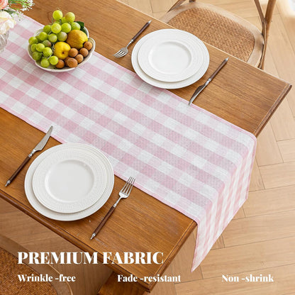 Spring Pink Gingham Table Runner 13 x 72 inches Long, Cotton Linen Farmhouse Checkered Kitchen Dining Table Decor for Home Party, Wrinkle Free