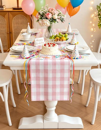 Spring Pink Gingham Table Runner 13 x 72 inches Long, Cotton Linen Farmhouse Checkered Kitchen Dining Table Decor for Home Party, Wrinkle Free