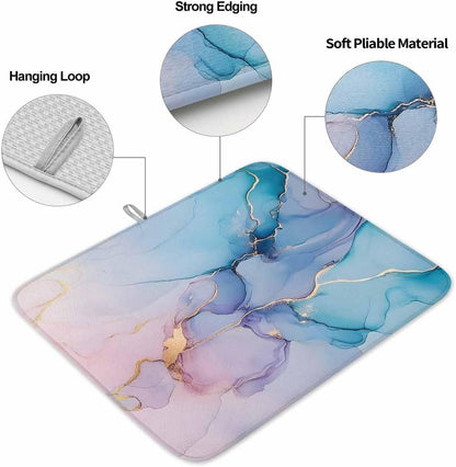 Marble Dish Drying Mats for Kitchen Counter Absorbent Microfiber Quick Drying Dish Mat, Turquoise Pink Gradient 16x18inch Machine Washable Dish Drainer/Rack Mat