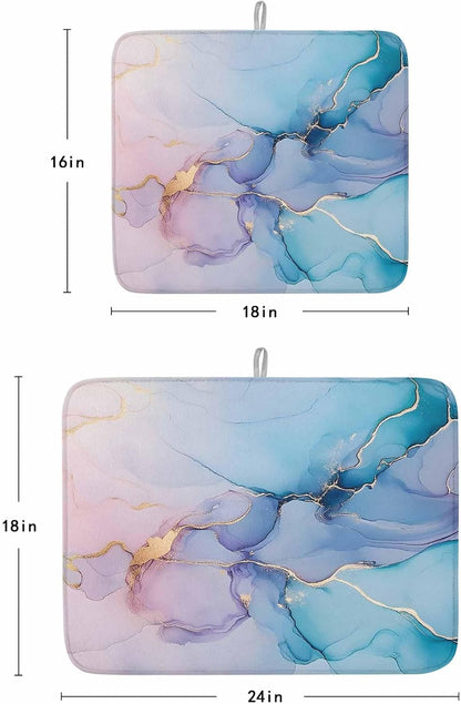 Marble Dish Drying Mats for Kitchen Counter Absorbent Microfiber Quick Drying Dish Mat, Turquoise Pink Gradient 16x18inch Machine Washable Dish Drainer/Rack Mat