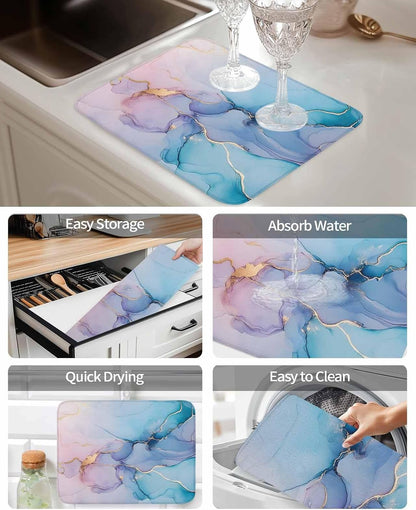Marble Dish Drying Mats for Kitchen Counter Absorbent Microfiber Quick Drying Dish Mat, Turquoise Pink Gradient 16x18inch Machine Washable Dish Drainer/Rack Mat