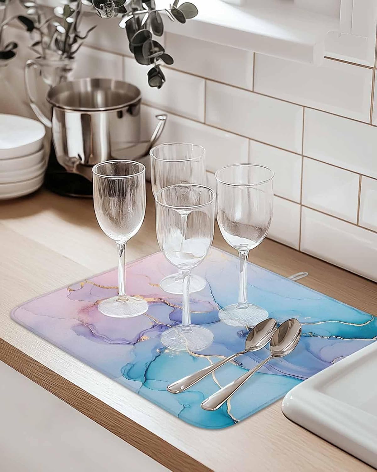 Marble Dish Drying Mats for Kitchen Counter Absorbent Microfiber Quick Drying Dish Mat, Turquoise Pink Gradient 16x18inch Machine Washable Dish Drainer/Rack Mat