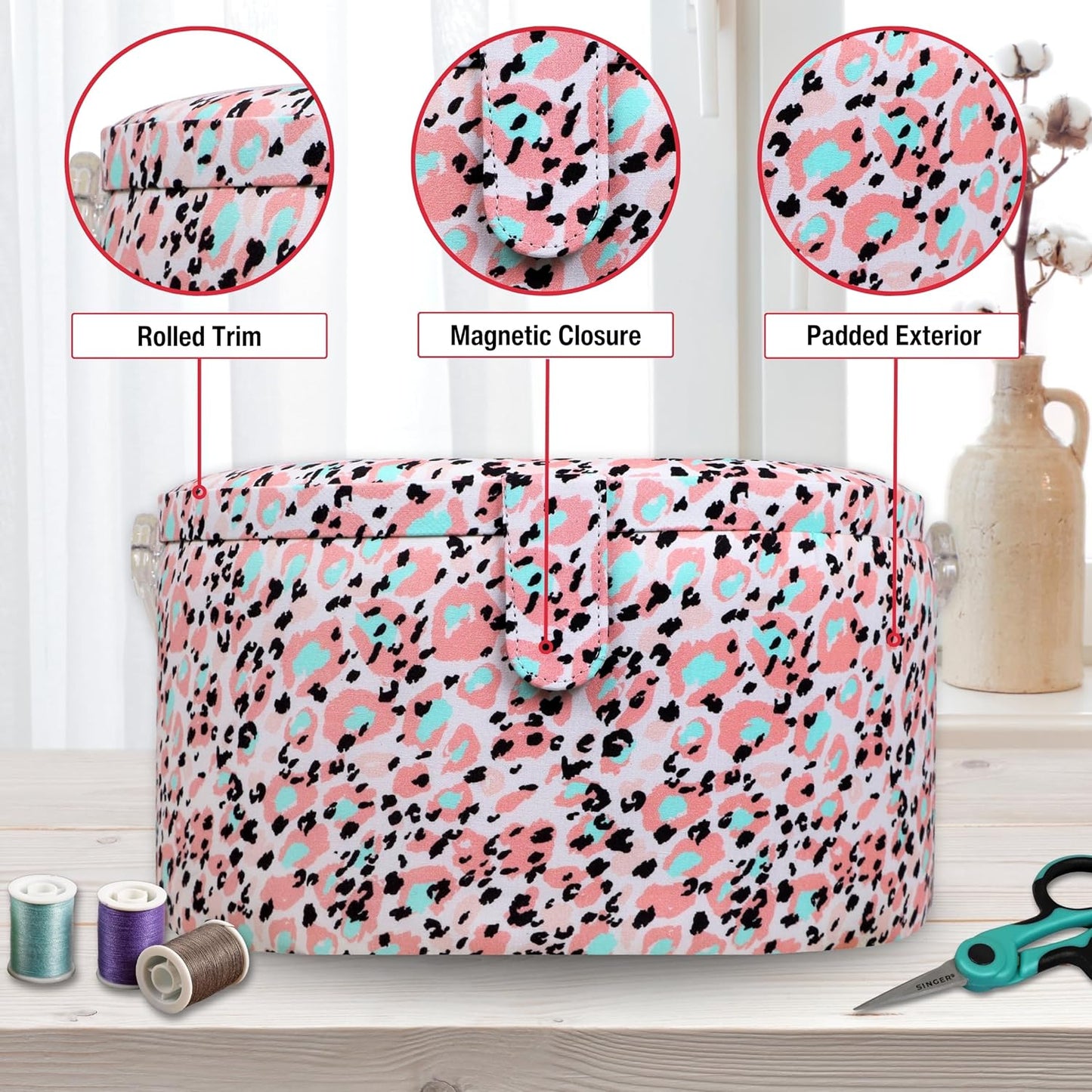 Large Round Sewing Basket with Emergency Travel Sewing Kit & Matching Zipper Pouch - Rose Pink Leopard Print