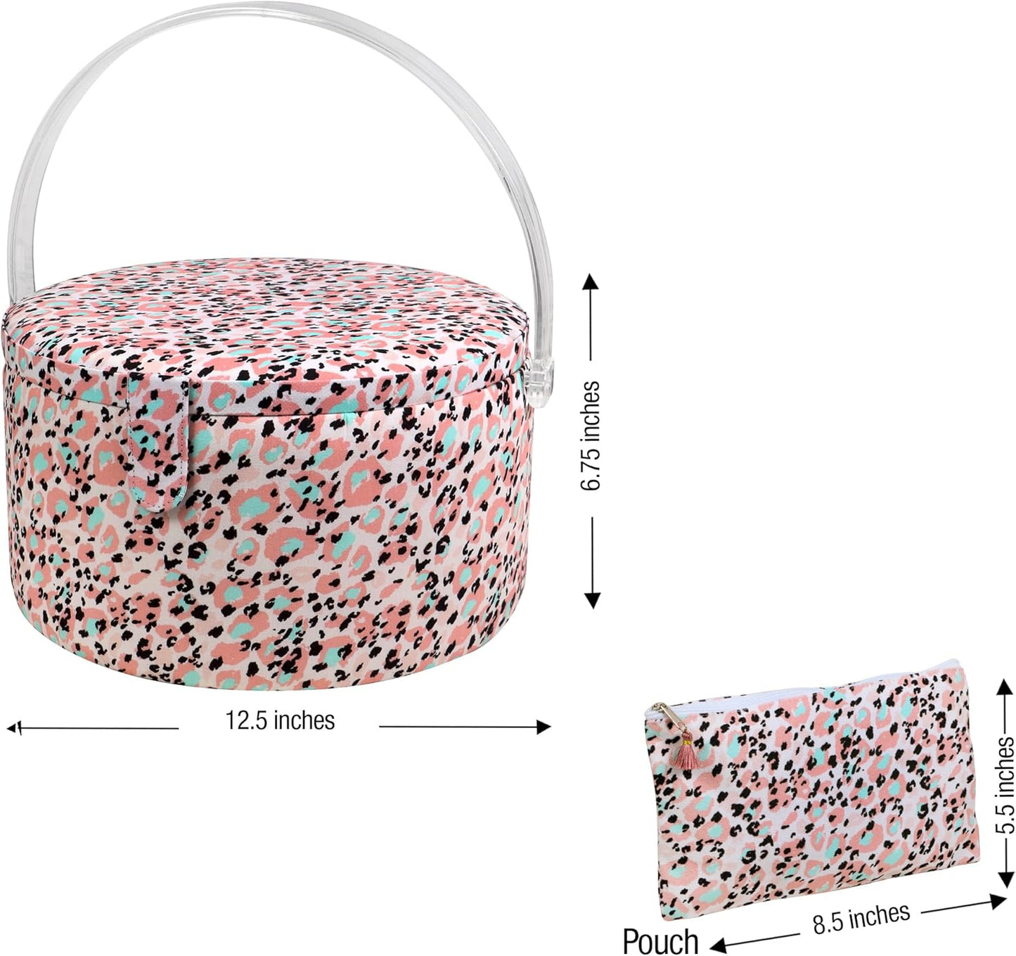 Large Round Sewing Basket with Emergency Travel Sewing Kit & Matching Zipper Pouch - Rose Pink Leopard Print