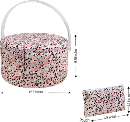 Large Round Sewing Basket with Emergency Travel Sewing Kit & Matching Zipper Pouch - Rose Pink Leopard Print