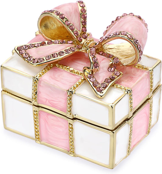 Mini Trinket Box, Bow-knot Gift Box Style Hinged Jewelry Box Vintage Metal Enameled Decorative Box Ring Earrings Jewelry Organizer Gift Box for Women Girls, Pink