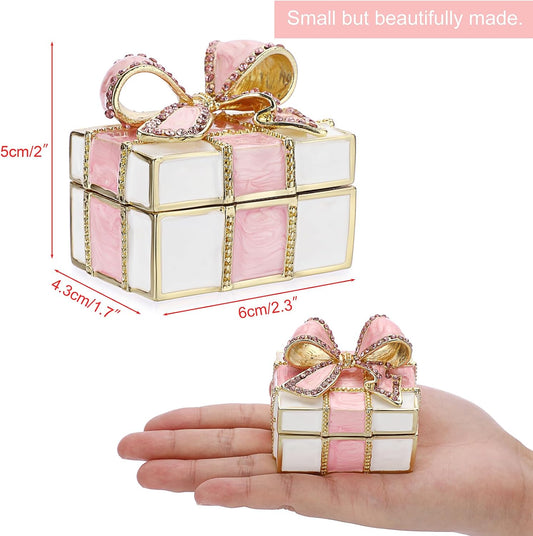 Mini Trinket Box, Bow-knot Gift Box Style Hinged Jewelry Box Vintage Metal Enameled Decorative Box Ring Earrings Jewelry Organizer Gift Box for Women Girls, Pink