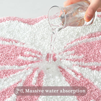 Anybar Bow Bath Mat Pink White Bathroom Rug Cute Scalloped Rugs Non Slip Floor Carpet Microfiber Bathmat Soft Super Absorbent Machine Washable Bathmat for Shower Scallop Bathroom Mats（18x25 inch）