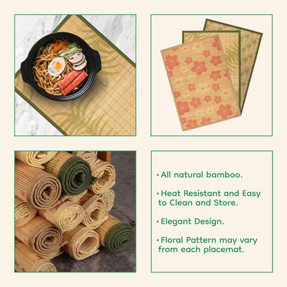 Premium Bamboo Slats Placemat with Fabric Border - Floral Print - 12" x 17.5" - Peach Blossom, 4 pcs