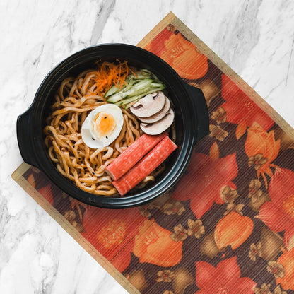 Premium Bamboo Slats Placemat with Fabric Border - Floral Print - 12" x 17.5" - Peach Blossom, 4 pcs