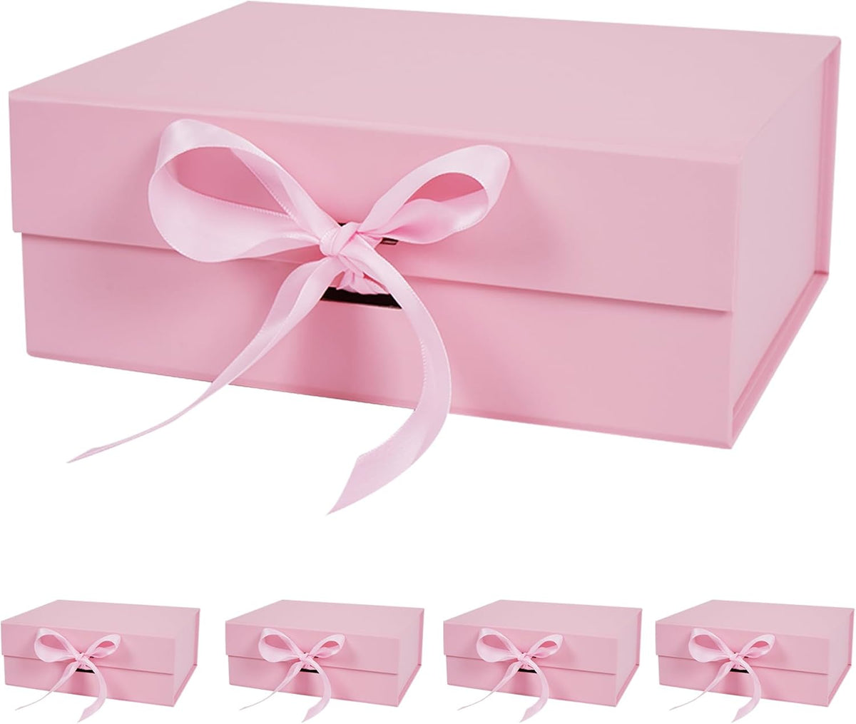 5 Pack Pink Gift Box with Ribbon, 8.6x6.7x3.4 inch Groomsman Proposal Box for Presents with Magnetic Closure Lids, Rectangle Collapsible Luxury Box for Wedding, Christmas, Halloween, Birthday