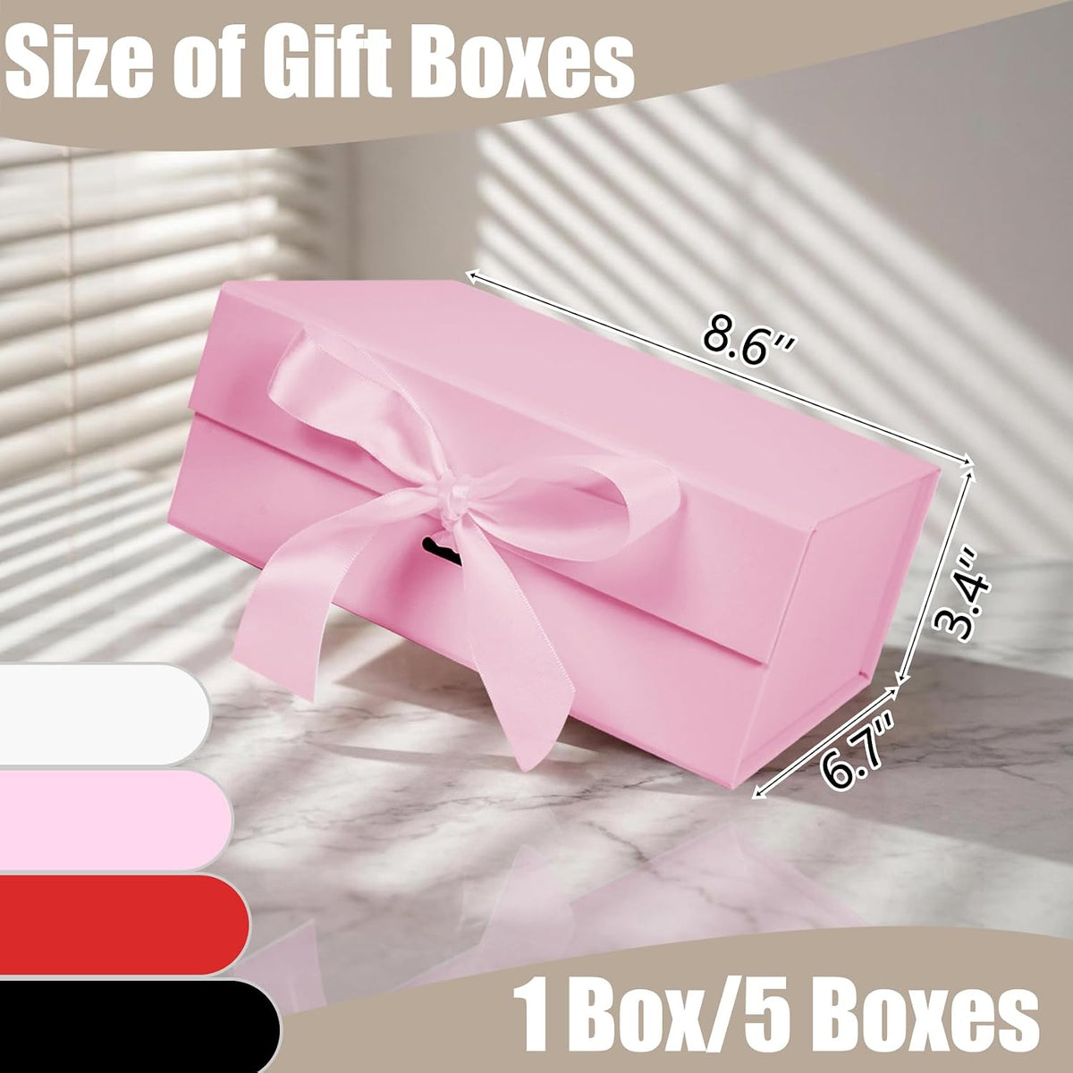 5 Pack Pink Gift Box with Ribbon, 8.6x6.7x3.4 inch Groomsman Proposal Box for Presents with Magnetic Closure Lids, Rectangle Collapsible Luxury Box for Wedding, Christmas, Halloween, Birthday