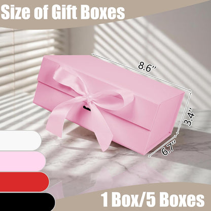 5 Pack Pink Gift Box with Ribbon, 8.6x6.7x3.4 inch Groomsman Proposal Box for Presents with Magnetic Closure Lids, Rectangle Collapsible Luxury Box for Wedding, Christmas, Halloween, Birthday