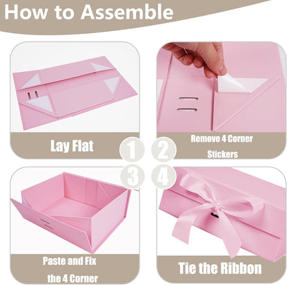 5 Pack Pink Gift Box with Ribbon, 8.6x6.7x3.4 inch Groomsman Proposal Box for Presents with Magnetic Closure Lids, Rectangle Collapsible Luxury Box for Wedding, Christmas, Halloween, Birthday