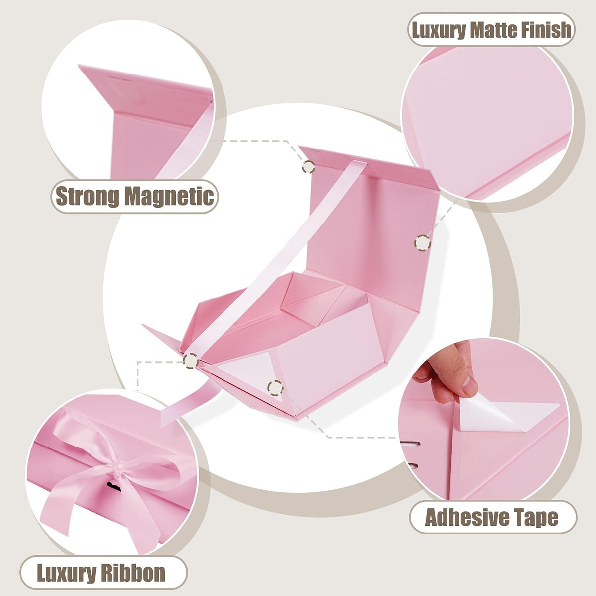 5 Pack Pink Gift Box with Ribbon, 8.6x6.7x3.4 inch Groomsman Proposal Box for Presents with Magnetic Closure Lids, Rectangle Collapsible Luxury Box for Wedding, Christmas, Halloween, Birthday