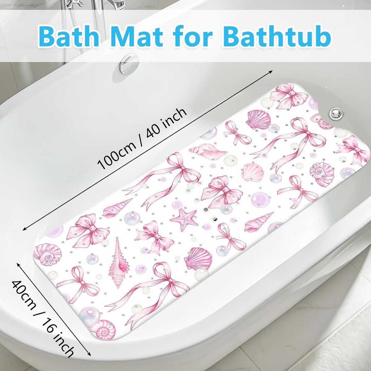 Bath Mat for Tub Non Slip, Cute Bow Bathtub Mats for Girls Non Slip Shower Mat, Machine Washable 40"x16" Long Pink Tub Mats with Suction Cups and Drain Holes for Toddler & Women, Bathroom Decor(Bows)