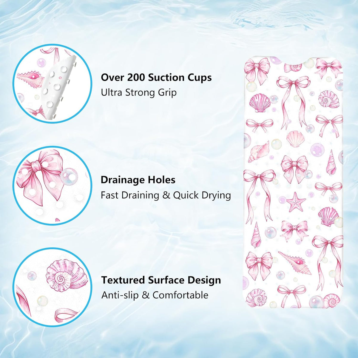 Bath Mat for Tub Non Slip, Cute Bow Bathtub Mats for Girls Non Slip Shower Mat, Machine Washable 40"x16" Long Pink Tub Mats with Suction Cups and Drain Holes for Toddler & Women, Bathroom Decor(Bows)
