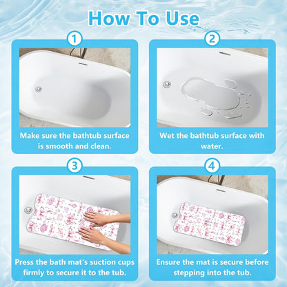Bath Mat for Tub Non Slip, Cute Bow Bathtub Mats for Girls Non Slip Shower Mat, Machine Washable 40"x16" Long Pink Tub Mats with Suction Cups and Drain Holes for Toddler & Women, Bathroom Decor(Bows)
