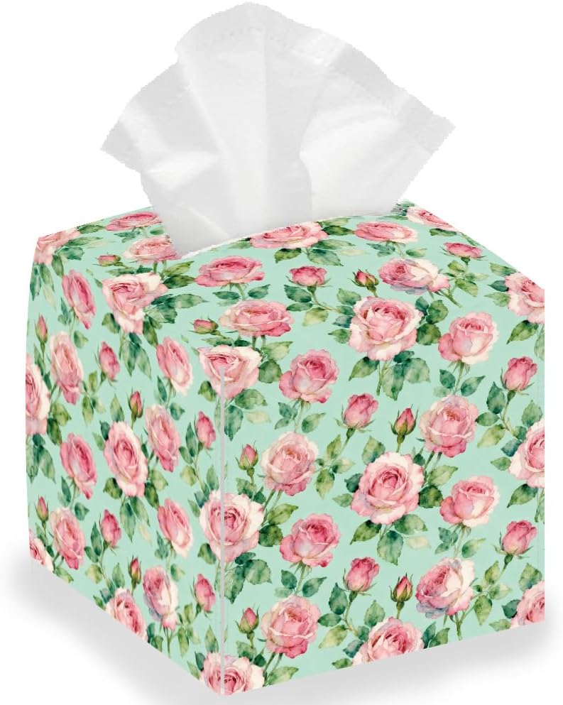 Pink Roses Tissue Box Holder Leather Square Foldable Flowers Facial Paper Decorative Tissue Box Cover Paper Towel Case Container Organizer for Tabletop Bathroom Vanity Countertop Night Stand