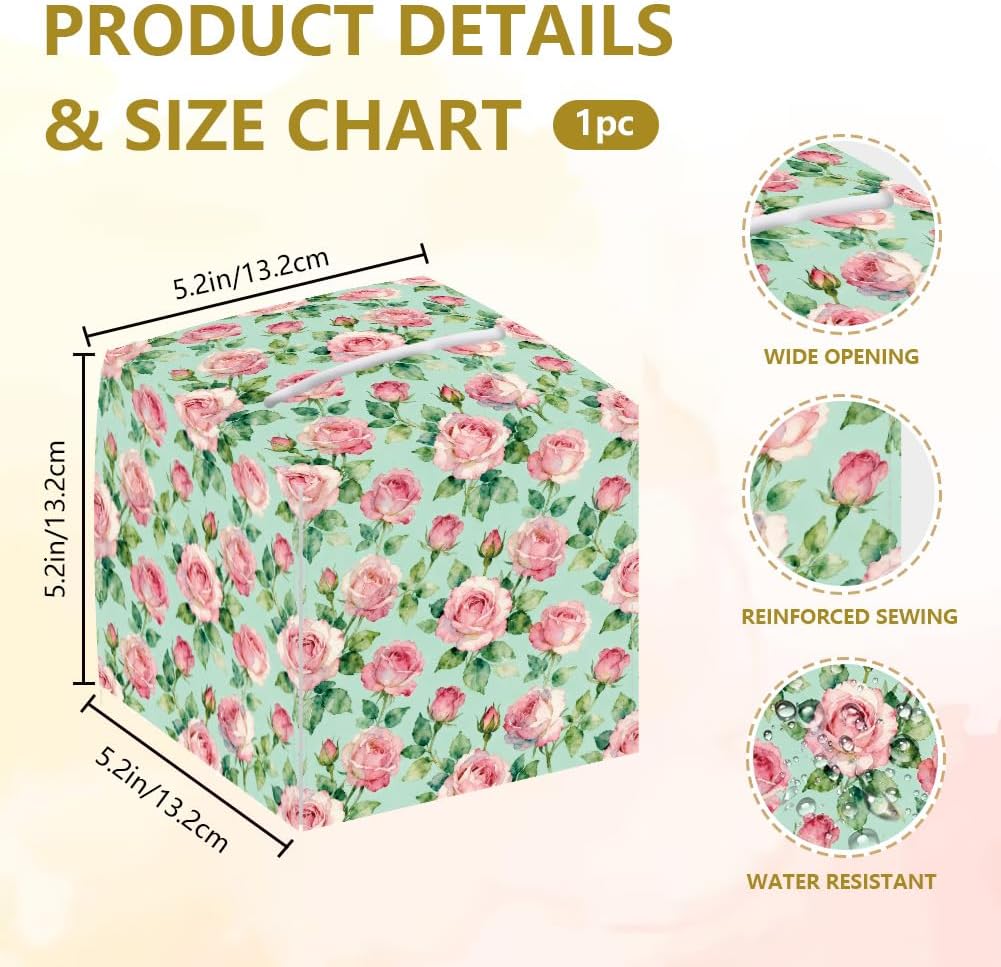 Pink Roses Tissue Box Holder Leather Square Foldable Flowers Facial Paper Decorative Tissue Box Cover Paper Towel Case Container Organizer for Tabletop Bathroom Vanity Countertop Night Stand