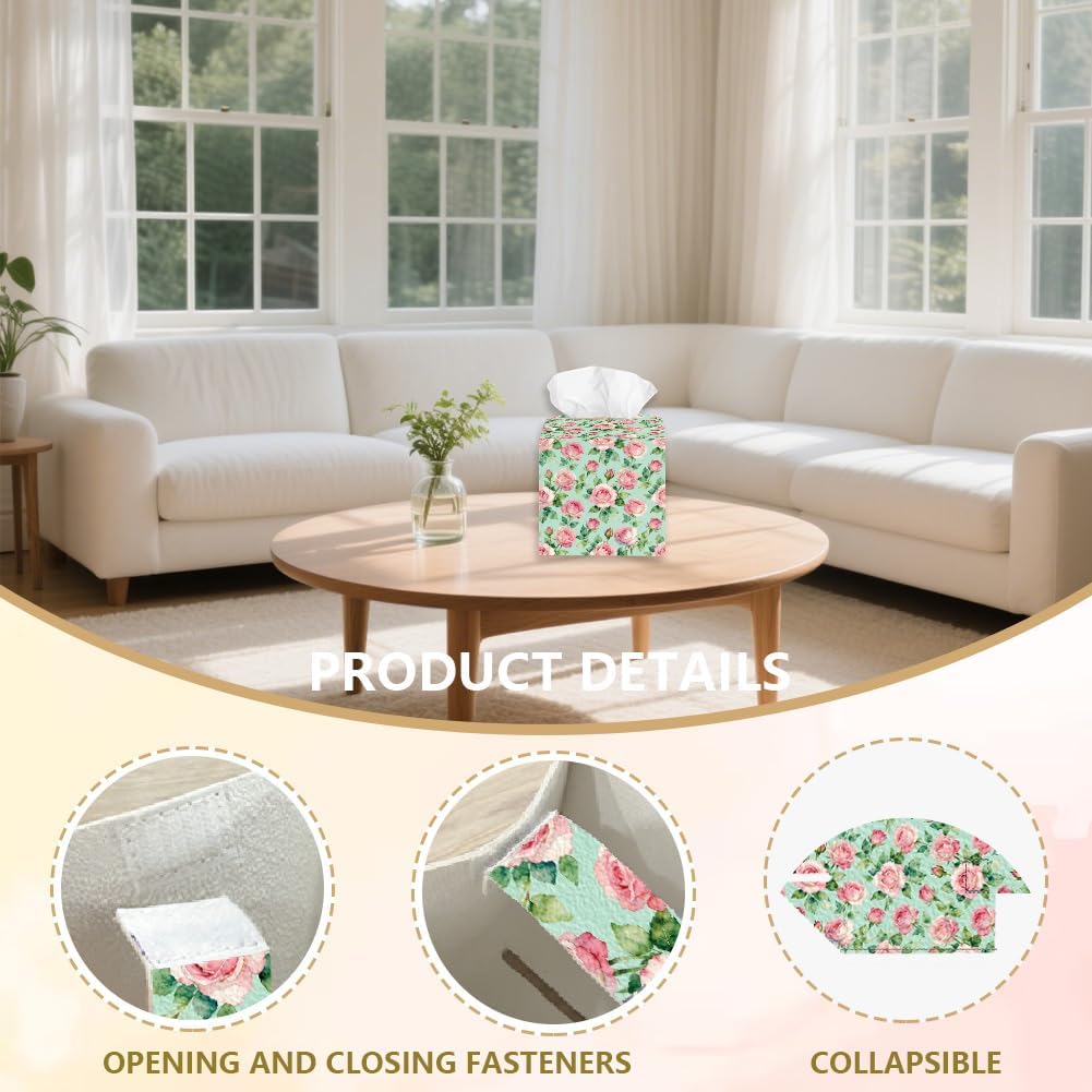 Pink Roses Tissue Box Holder Leather Square Foldable Flowers Facial Paper Decorative Tissue Box Cover Paper Towel Case Container Organizer for Tabletop Bathroom Vanity Countertop Night Stand