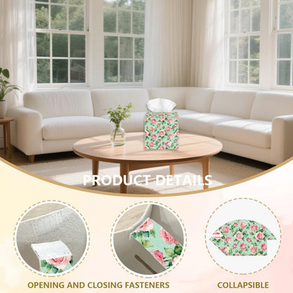 Pink Roses Tissue Box Holder Leather Square Foldable Flowers Facial Paper Decorative Tissue Box Cover Paper Towel Case Container Organizer for Tabletop Bathroom Vanity Countertop Night Stand