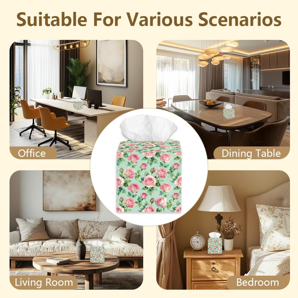 Pink Roses Tissue Box Holder Leather Square Foldable Flowers Facial Paper Decorative Tissue Box Cover Paper Towel Case Container Organizer for Tabletop Bathroom Vanity Countertop Night Stand
